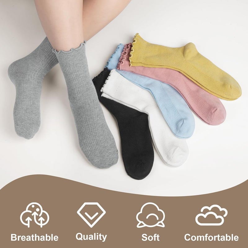 Socksfad Store 6 Pairs Cute Floral Ruffle Crew Socks Women, Breathable Cotton Novelty Casual Girls Above Ankle Funny Socks US 5-10 - Image 4